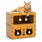 MADPET Kedi Tırmalama Evi - Ahşap Kedi Oyun Evi 45x28x51 cm - Çift Katlı Karton Tırmalama Tahtalı Uyku Yuvası - Peluş Top Oyuncaklı Evcil Hayvan Mobilyası - Kedi Villa Tasarım