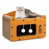MADPET Kedi Tırmalama Evi - Ahşap Kedi Oyun Evi 56x27x30 cm - Karton Tırmalama Tahtalı Uyku Yuvası - Sallanan Top Oyuncaklı Tek Katlı Evcil Hayvan Mobilyası - Modern Doğal Ahşap Tasarım