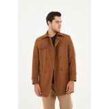 Madrid Erkek Taba Kruvaze Yaka Slim Fit Pamuk Karışımlı Trençkot - 52 - Koyu Taba
