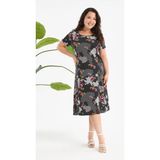 Madwilo Kadın Siyah Beyaz Floral Petek Desen Büyük Beden Esnek Midi Elbise - 50 - 52