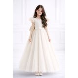MadyaButik Kız Çocuk Ekru Tüllü Prenses Abiye Elbise – Fırfır Kollu, Sırt Fiyonk Detaylı, Özel Gün Elbisesi