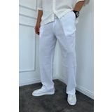 MADZEYMODA Erkek Baggy Bol Kalıp Beli Lastikli Beyaz Kırınkıl Kumaş Pantolon