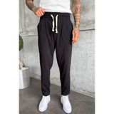 MADZEYMODA Erkek Beli Lastikli Boyfriend Kalıp Pileli Siyah Keten Pantolon KE-1600