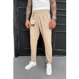 MADZEYMODA Erkek Boyfriend Kalıp Duble Paça Pileli Bej Kumaş Pantolon KE-1025