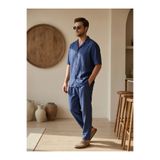 MADZEYMODA Erkek Kısa Kol Gömlek & Boyfriend Pantolon Lacivert Alt Üst Keten Takım LS-6716