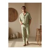MADZEYMODA Erkek Kısa Kol Gömlek & Boyfriend Pantolon Yeşil Alt Üst Keten Takım LS-6716