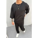 MADZEYMODA Erkek Oversize Kalıp Oyaho Kumaş Siyah T-Shirt Pantolon Alt Üst Takım KE-0112