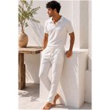 MADZEYMODA Erkek Oysh Kumaş Beyaz Polo Yaka T-Shirt & Pantolon Alt Üst 2'li Takım MZ-2732