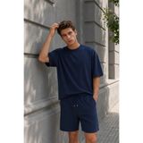 MADZEYMODA Erkek Premium Çizgili Lacivert Oysh Kumaş T-Shirt & Şort Alt Üst 2'li Takım LS-1250