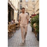 MADZEYMODA Erkek Regular Çimalı Oysh Kumaş Bisiklet Yaka T-Shirt & Pantolon Bej Alt Üst Takım MZ-9979