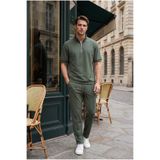 MADZEYMODA Erkek Regular Haki Yarım Fermuarlı Dik Yaka T-Shirt & Çimalı Pantolon Alt Üst 2'li Takım MZ-2719