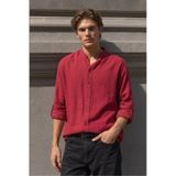 MADZEYMODA Erkek Uzun Kollu Müslin Gömlek Hakim Yaka Rahat Kalıp Yazlık Bordo LS-13008