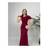 maf collection Kadın Bordo Çiçek Drape Detay Uzun Abiye Mezuniyet Elbisesi