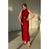 maf collection Kadın Bordo Sim Desenli Tül Detay Halter Yaka Kemer Detaylı Abiye Mezuniyet Elbisesi