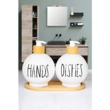Mafa Home 2'li Bambu Altlıklı Bambu Pompalı Tombul Cam Sabunluk Deterjanlık 350 ml