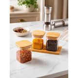 Mafa Home 3'lü 250 ml Bambu Kapaklı Borosilikat Cam Baharatlık Bambu Altlıklı - Açık Kahverengi - Şeffaf