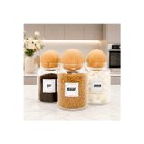 mafa home 3'lü Ahşap Top Kapaklı Cam Çay Hazır Kahve Şeker Saklama Kavanozu Seti 800 Ml Etiket Hediyeli