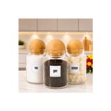 mafa home 3'lü Ahşap Top Kapaklı Cam Çay Tuz Şeker Saklama Kavanozu Seti 800 Ml Etiket Hediyeli