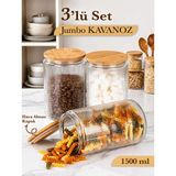 Mafa Home 3'lü Cam Kavanoz Seti – Bambu Vakum Kapak Büyük Boy Çizgili Erzak Un Bakliyat Saklama Kabı 3X1500ML