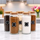 Mafa Home 5'li Ahşap Vakum Kapaklı Cam Çay Şeker Türk Kahvesi Tuz Kahve Saklama Seti 1400 ml Etiket Hediyeli - Şeffaf - 5 Adet
