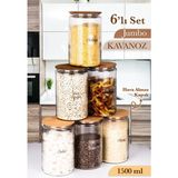 Mafa Home 6’lı Etiketli Cam Kavanoz Seti – Büyük Bambu Vakum Kapak Çizgili Erzak Un Bakliyat Saklama Kabı 1,5l