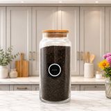 Mafa Home Ahşap Vakum Kapaklı Cam Saklama Kavanozu 1400 ml Çay Etiketi Hediyeli - Açık Kahverengi - Şeffaf