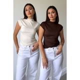 MAGARDE BEYAZ KAHVE 2'Lİ PAKET PREMİUM DİK YAKA BLUZ- BEYAZ KAHVE