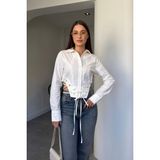 Magarde Kuş Gözü Detaylı Crop Gömlek- Ekru - S