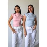 MAGARDE PEMBE MAVİ 2'Lİ PAKET PREMİUM DİK YAKA BLUZ- PEMBE MAVİ
