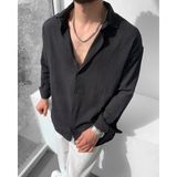 Magical Fashion Magıcalfashıon Erkek Oversize Keten Uzun Kollu Yazlık Gömlek - 2XL - 01-Siyah