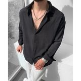 Magıcalfashıon Erkek Oversize Uzun Kollu Yazlık Keten Gömlek - 0 Siyah