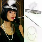 magicool 192039ler Gatsby Gümüş Parti Seti - Çarliston Saç Bandı, İnci Kolye Ve Tutacağı
