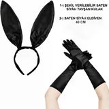 magicool Siyah Parlak Tavşan Kulak Ve 40 Cm Parlak Siyah Eldiven Kostüm Seti