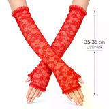 magicool Uzun Zarif Dantel Eldiven Parmaksız Kırmızı 35 Cm