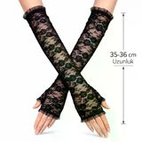 magicool Uzun Zarif Dantel Eldiven Parmaksız Siyah 35 Cm