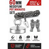Magnet Fishing 60 Mm , Neodyum Pot Mıknatıs Seti, Halat Eldiven, Kancalı Mıknatıs Balıkçılığı