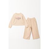 Magu Kız Çocuk Çiçek Desenli Pamuklu Sweatshirt Ispanyol Eşofman Alt-Üst Takım - 6 - 7 Yaş - Kahverengi