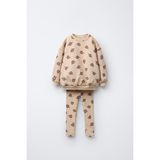Magu Kız Çocuk Pamuklu Bej Çiçek Desenli Sweatshirt ve Tayt Takımı - Yumuşak Dokulu - 2 - 3 Yaş