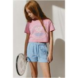 Magu Kız Çocuk Pamuklu Pembe Baskılı Crop T-Shirt Mavi Şort Takım