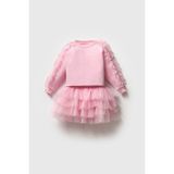 Magu Pembe Pamuklu Fırfırlı Sweatshirt Tüllü Etek Alt-Üst Takım Kız Çocuk - 5 - 6 Yaş