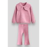 Magu Triko Fiyonk Desenli Kışlık Pamuklu Sweatshirt Tayt Alt-Üst Takım Kız Çocuk - 7 - 8 Yaş - Pembe