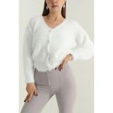 mahira collection Beyaz Kadın Peluş Görünümlü Yumoş V Yaka Düğmeli Triko Hırka