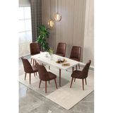 Maholandin Beyaz 80X130 Açılır Mutfak Masası , Mutfak Masa Takımı Ayaklı 6 Sandalye Beyaz X Kahve