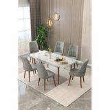 Maholandin Mermer 80X130 Açılır Yemek Masası , Yemek Masa Takımı Metal Ayaklı 6 Sandalye Beyaz Mermer X Antrasit