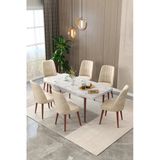 Maholandin Mermer 80X130 Açılır Yemek Masası , Yemek Masa Takımı Metal Ayaklı 6 Sandalye Beyaz Mermer X Bej