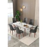 Maholandin Mermer 80X130 Açılır Yemek Masası , Yemek Masa Takımı Metal Ayaklı 6 Sandalye Beyaz Mermer X Gri