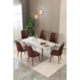 Maholandin Mermer 80X130 Açılır Yemek Masası , Yemek Masa Takımı Metal Ayaklı 6 Sandalye Beyaz Mermer X Kahve
