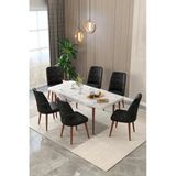 Maholandin Mermer 80X130 Açılır Yemek Masası , Yemek Masa Takımı Metal Ayaklı 6 Sandalye Beyaz Mermer X Siyah