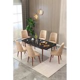Maholandin Siyah 80X130 Açılır Yemek Masası , Yemek Masa Takımı Metal Ayaklı 6 Sandalye Siyah X Cappucino