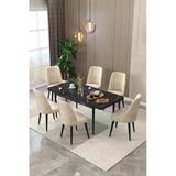 Maholandin Tyrel Serisi 6 Kişilik Açılır Masa Sandalye Takımı Mutfak Masası Takımı Metal Ayak Beyaz X Siyah Metal Ayak